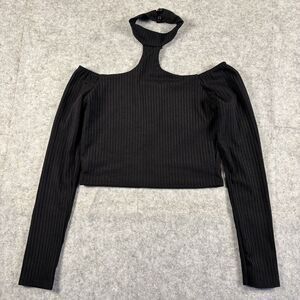 Missguided Black Ribbed Long Sleeve Crop Top Blouse Womens EU 36 US 4